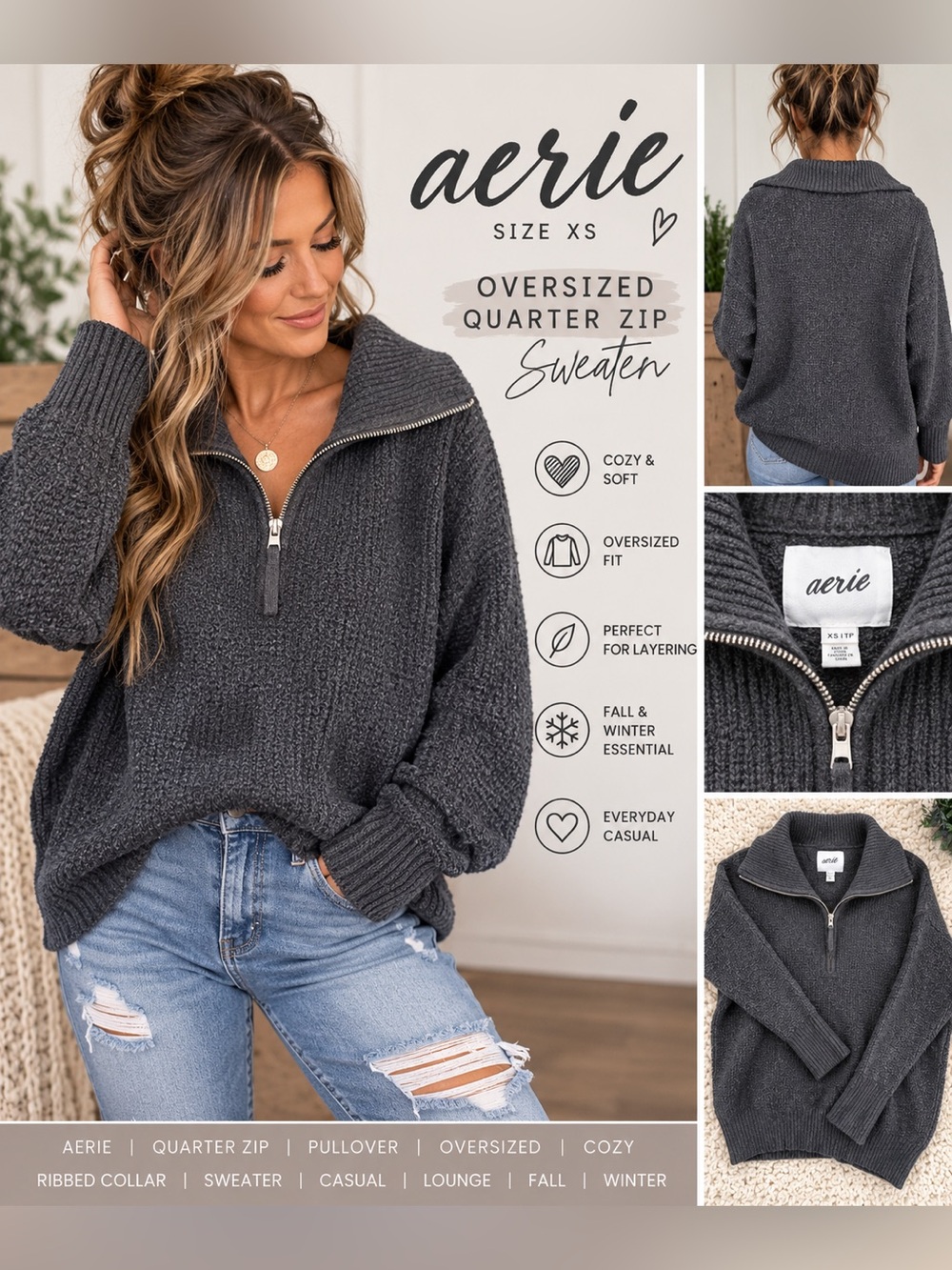 Aerie Charcoal Gray Oversized Quarter Zip Sweater Pullover XS